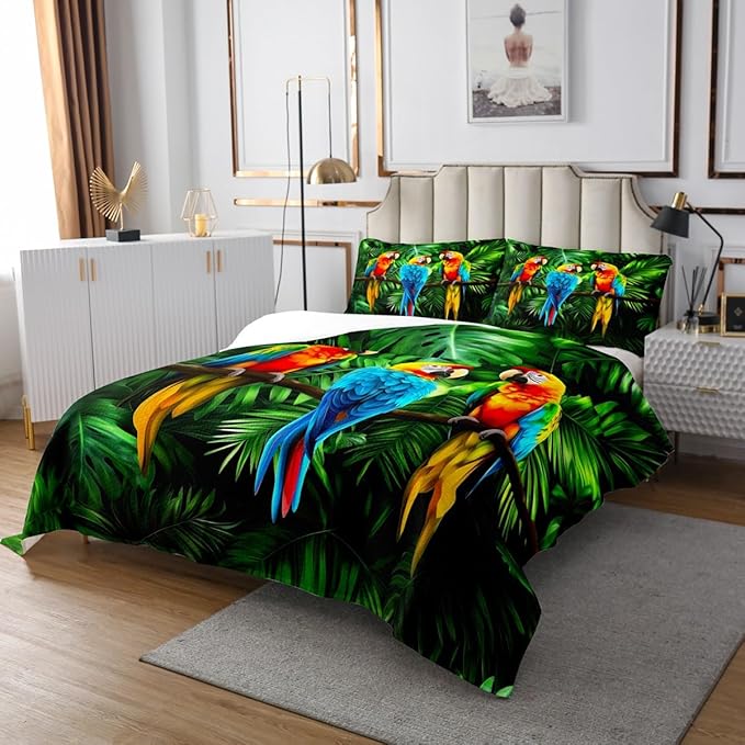 Erosebridal Parrot Bedspread Watercolor Animal Feather Bedding Set Palm Leaf Coverlet Set, Tropical Plant Birds Comfortable Quilted with Pillowcase Queen Size