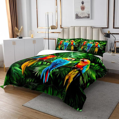 Erosebridal Parrot Bedspread Watercolor Animal Feather Bedding Set Palm Leaf Coverlet Set, Tropical Plant Birds Comfortable Quilted with Pillowcase Queen Size