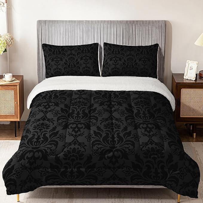 QOOMO Bohemian Exotic Sherpa Comforter, Adults Black Damask Plush Warm Fall Winter Bedding Comforter Sets, Antique Victorian Baroque Sherpa Full/Queen Comforter Set, 3 Piece Set