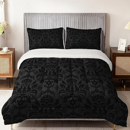 QOOMO Bohemian Exotic Sherpa Comforter, Adults Black Damask Plush Warm Fall Winter Bedding Comforter Sets, Antique Victorian Baroque Sherpa Full/Queen Comforter Set, 3 Piece Set