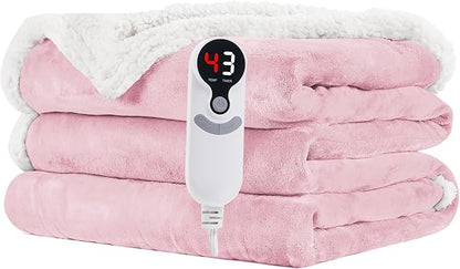 Electric Heated Blanket Full Size 72"x84" - Flannel & Sherpa Fabric Dual-Sided, 6 Heat Settings & 1-10 Hours Auto Off, Soft & Cozy Warming Throw for Home, Office, or Bed, Machine Washable, Light Pink