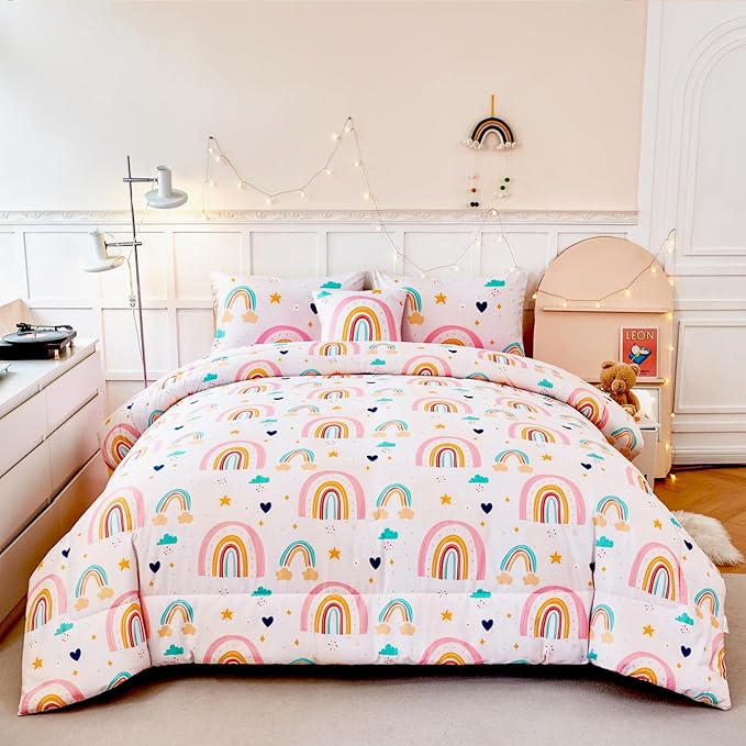 ANGIYUIN 6 Pieces Multi-Color Rainbow Full Bedding Set for Girls Kids Cute Cloud and Love Hearts Girls Comforter Set Soft Microfiber Kid Bed in a Bag with Comforter, Sheets, Pillowcases