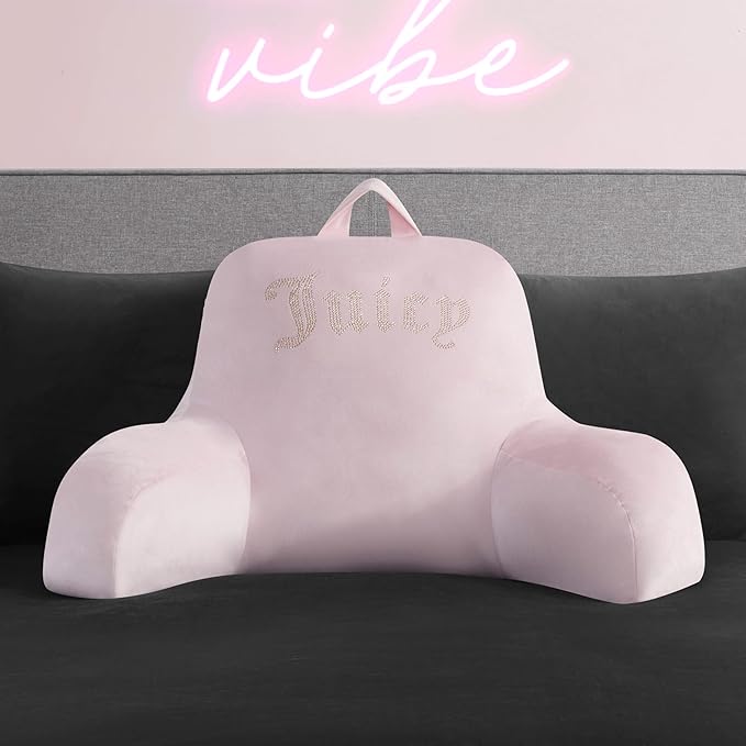 Juicy Couture Velour Backrest Pillow with Rhinestone Juicy Logo - 30"x17", Light Pink Supportive Bed Rest Pillow for Reading, Gaming, or Relaxing
