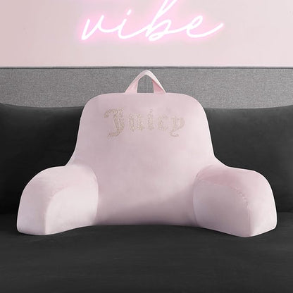 Juicy Couture Velour Backrest Pillow with Rhinestone Juicy Logo - 30"x17", Light Pink Supportive Bed Rest Pillow for Reading, Gaming, or Relaxing
