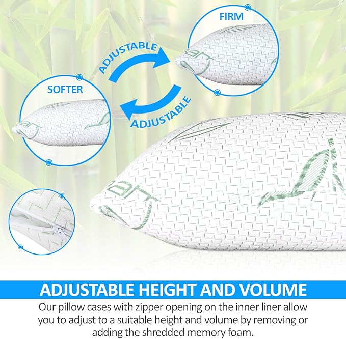 Elif Queen Size Pillows for Sleeping, Set of 2 – Cooling Shredded Memory Foam Pillows with Removable Cover for Back, Stomach & Side Sleepers, Rayon Derived from Bamboo, Queen (2 Pack)