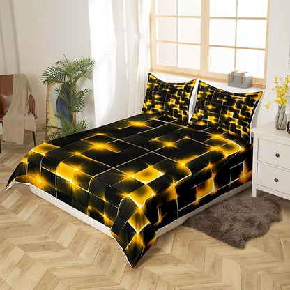 Castle Fairy Duvet Cover Queen Size,3D Modern Abstract Square Grid Duvet Cover Set for Children Adult,Golden Neon Light Geometric Print Soft Comforter Cover for Dorm Room, Zipper, Ties