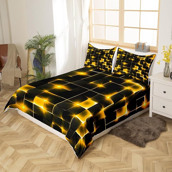 Castle Fairy Bedding Set King Size for Teens,3D Modern Abstract Square Grid Comforter Cover with 2 Pillowcases,Golden Neon Light Geometric Print Duvet Cover Set Microfiber Quilt Cover