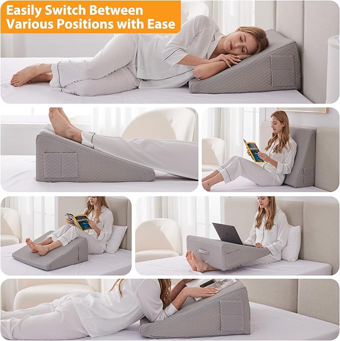 Wedge Pillow for Sleeping, 12" Bed Wedges Pillow for Headboard, Triangle Incline Wedge for Acid Reflux, Pillows Wedge for Back Pain Relief, Elevated Leg Pillow After Surgery, Snoring, Grey