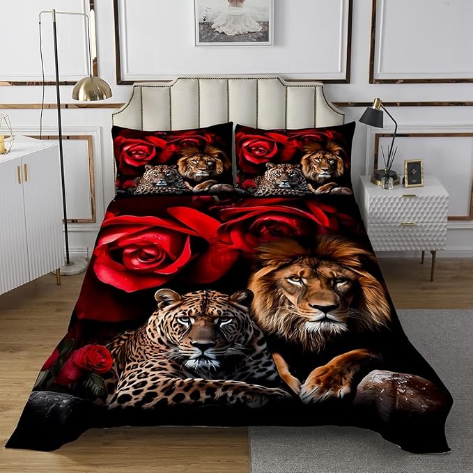 Feelyou Lion Tiger Quilt Set Coverlet Girls Women Rose Floral Wild Animal Bedspread for Kids Teens Room Decor Romantic Flower Safari Print Quilt Sets Wildlife Coverlet Set 2Pcs Twin Size