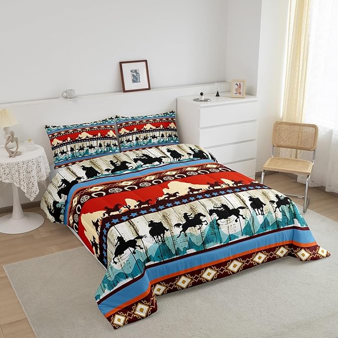 Feelyou Kids King Aztec Red Comforter King Size, Southwestern Cowboys Comforter Set for Boys Girls Horse Bedding Set Boho Tribal Duvet Set Microfiber Bed Set