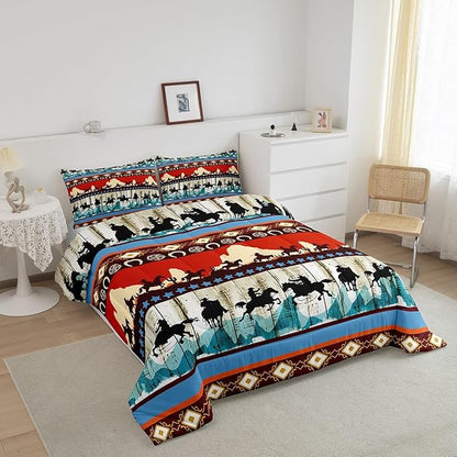 Feelyou Kids King Aztec Red Comforter King Size, Southwestern Cowboys Comforter Set for Boys Girls Horse Bedding Set Boho Tribal Duvet Set Microfiber Bed Set