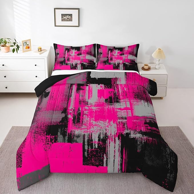 Feelyou Hot Pink Grey Black Abstract Duvet Quilt Toddler Size Geometric Bedding Set for Kids Boys Girls Decor Modern Comforter Set Breathable Soft Microfiber Buffalo Check Bedroom Decor Bedclothes