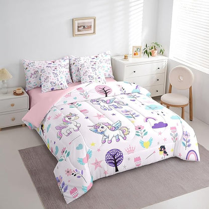 Erosebridal Girls Floral Unicorn Bedding Set Queen Size 7 Piece Bed in A Bag Cartoon Animal Comforter Set for Kids Teens Super Soft All Season for Bedroom,Cute Flower Reversible Bed Sets