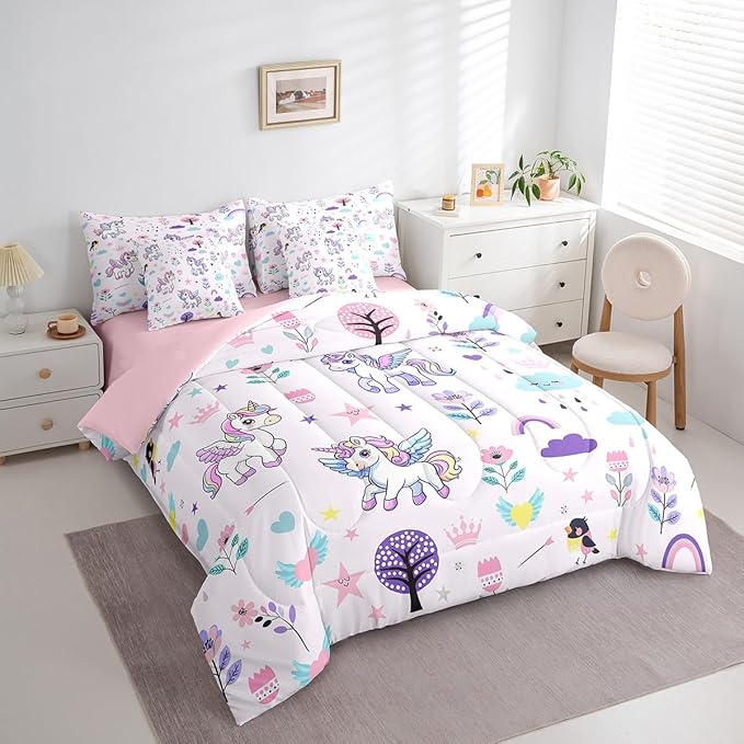 Erosebridal Girls Floral Unicorn Bedding Set Full Size 7 Piece Bed in A Bag Cartoon Animal Comforter Set for Kids Teens Super Soft All Season for Bedroom,Cute Flower Reversible Bed Sets