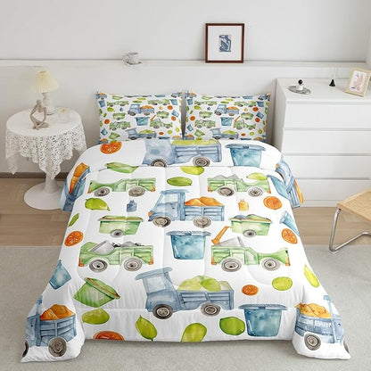 Garbage Truck Bedding Trash Truck Comforter Set Green Garbage Cool Design Bedding Sets All Season Gift for Kids Boys Girls Child, Cartoon Waste Management Vehicle Duvet Set Full with 2 Pillowcases