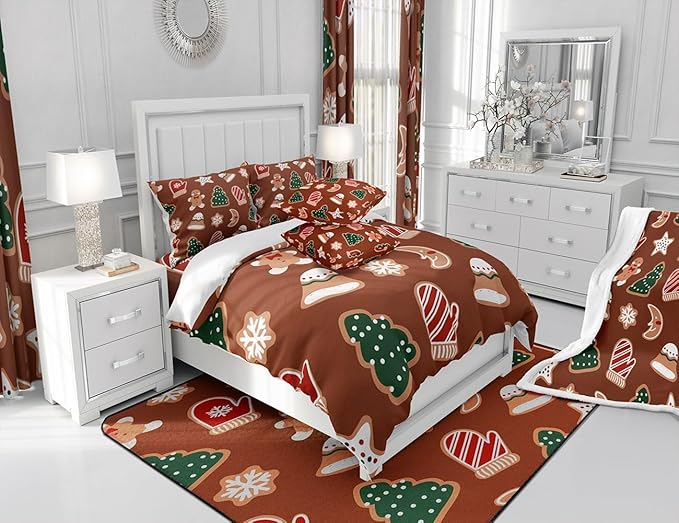 Erosebridal Merry Christmas Comforter Set for Kids Boys Girls,Cartoon Gingerbread Man Christmas Tree Bedding Queen,Cute Xmas Comforter Sets,Moon Snowflake Duvet Insert with 2 Pillowcases