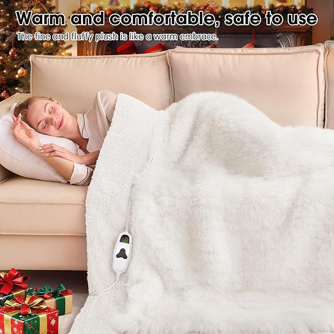 Heated Electric Blanket Twin–Faux Fur with Soft Thick Sherpa,Warm Winter Birthday Gifts for Women Grandma,10 Heat Settings,5 Time Settings with Fast Heating, 62x84, Snow Cloud