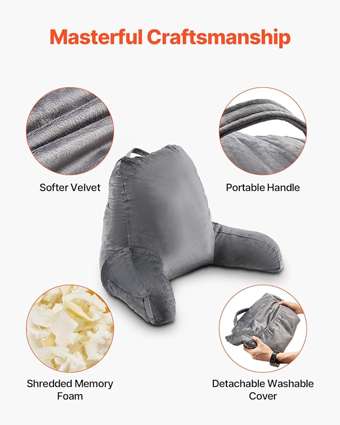 VEVOR Reading Pillow, Large Size Back Pillow for Bed Sitting Up with 3 Pockets, Sitting Pillow for Bed with Shredded Memory Foam, Bed Chair Pillow for Watching TV, Reading, Gaming, Resting, Grey
