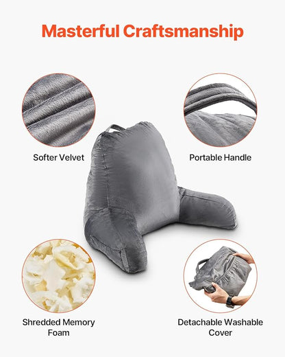 VEVOR Reading Pillow, Large Size Back Pillow for Bed Sitting Up with 3 Pockets, Sitting Pillow for Bed with Shredded Memory Foam, Bed Chair Pillow for Watching TV, Reading, Gaming, Resting, Grey