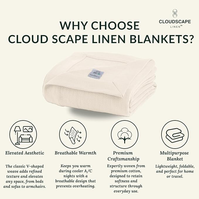 Cloud Scape Linen 100% Cotton Blanket King Size for Bed – Heavy & Soft, All Season, Winter Layering Blanket, Herringbone Weave, Best Gift for Christmas, fits Up to Cal King, 92x108, Ivory