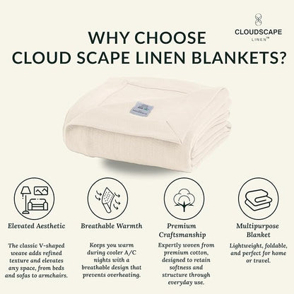 Cloud Scape Linen 100% Cotton Blanket King Size for Bed – Heavy & Soft, All Season, Winter Layering Blanket, Herringbone Weave, Best Gift for Christmas, fits Up to Cal King, 92x108, Ivory