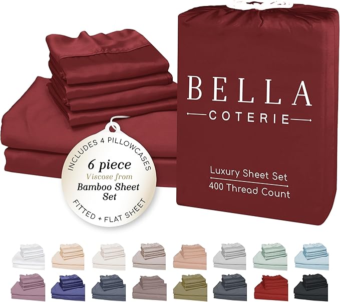 Bella Coterie 6 Piece Luxury Bamboo Viscose Queen Size Sheet Set | 100% Organically Grown | Cooling for Hot Sleepers | 18" Deep Pocket | Soft & Hypoallergenic | 4 Pillowcases [Merlot]