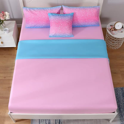 6Pcs Glitter Comforter Set with Sheets for Teens Girls Kids, Colorful Gradient Glitter Themed Bed in a Bag Full Size, Pink Teal 3D Sparkly Galaxy Bedroom Decor Bedding Set