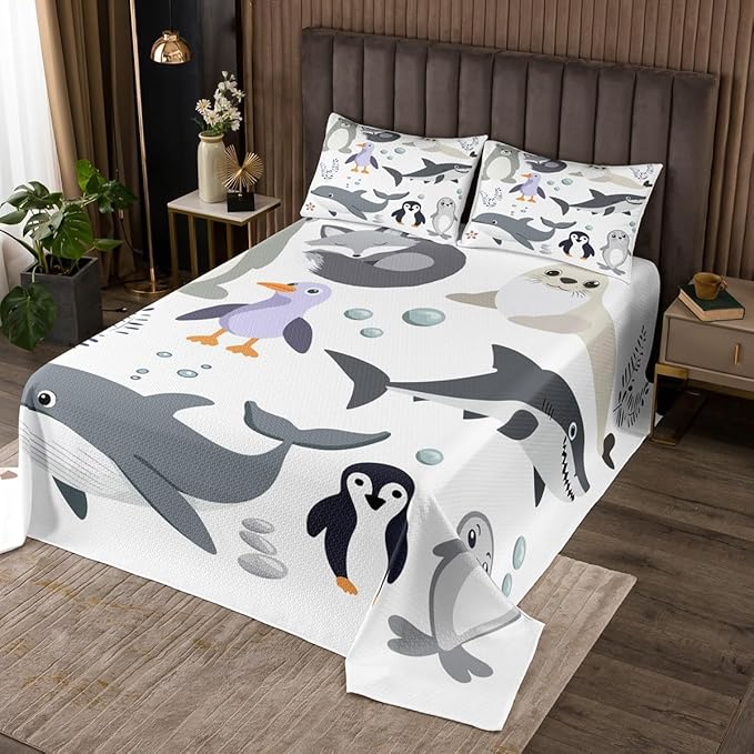 Erosebridal Shark Bedspread King Size Penguin Coverlet Set,Polar Bird Animal Bedding Set Whale Fish Quilt Set for Child Youth,Sealife Underwater World Bedroom Decor Plain White