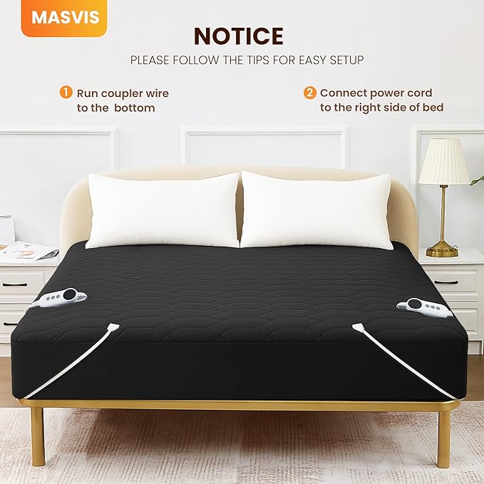 MASVIS Heated Mattress Pad Twin Size - 6 Heat Settings & 10-Hour Auto Off, Quilted Electric Bed Cover, Bed Warmer with Deep Pocket | Fast Heating | Machine Washable,Black,39"x75"