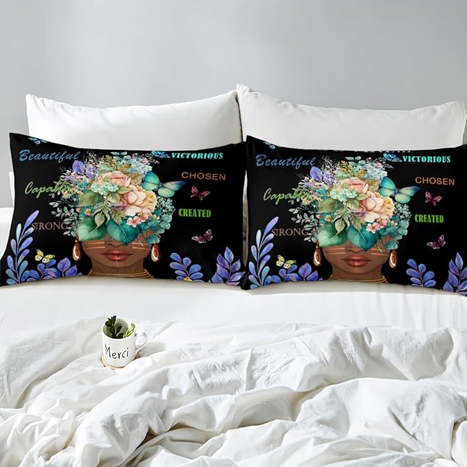 Girl African Duvet Cover Set Twin Size,African Style American Inspirational Quotes Bedding Set Kids Girls Women Room Decor Watercolor Flowers Butterfly Comforter Cover Black Fashion Quilt Cover 2Pcs
