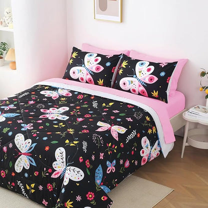 Girls Butterfly Comforter Set Twin Size Black 7 Piece Bed in A Bag Colorful Flowers Leaves Bedding Set for Kids Teens Super Soft All Season