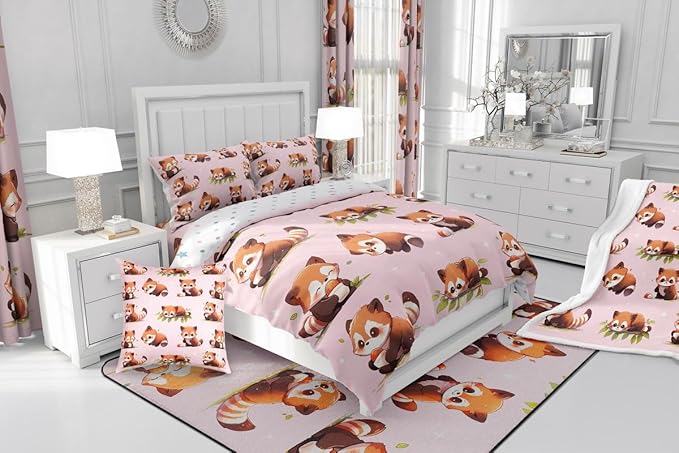 Castle Fairy Cute Raccoon Comforter Set Twin Size 2 Pcs Watercolor Lovely Wild Animals Decor Bedding Set for Kids Girls Teens Glitter Stars Green Leaves Pink Microfiber Duvet Set with 1 Pillowcase