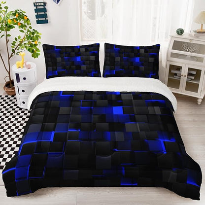 QOOMO 3D Abstract Geometric Sherpa Comforter Set, Blue Black Neon Light Honeycomb Full/Queen Size Bedding Set, Ultra Soft and Cozy Sherpa Fleece Comforter, 1 Comforter 2 Pillowcases All Season