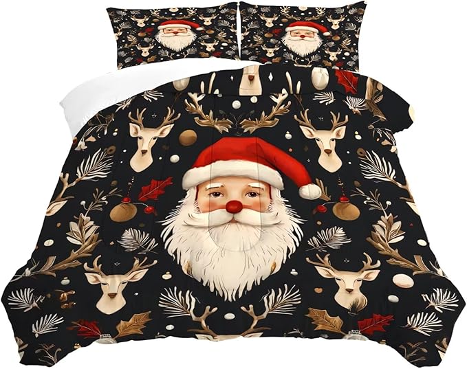 Black Christmas Bedding Set Santa Claus Comforter Full/Queen Size for Kids Girls Women Xmas Reindeer Holiday Bedroom Quilt Bed Sets, 1 Comforter 2 Pillowcases