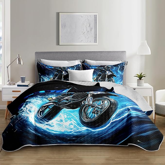Blue Motorcycle Racing Motocross Rider Quilt Bedding King 3Pcs Extreme Sport Flag Bed Set Thunder Lightning Pattern Bedspread Coverlet with 2 Pillowcases for Kid Boy Girl Teen Adult Room Decor