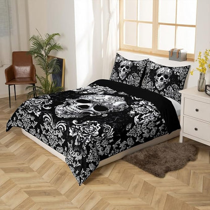 Gothic Skull Duvet Cover Set King Size,Halloween Flower Skull Bedding Sets for Boys Girls Woman Men Bedroom Decor,Black Grey Vintage Damask Quilt Cover Retro Floral Comforter Cover,2 Pillowcases