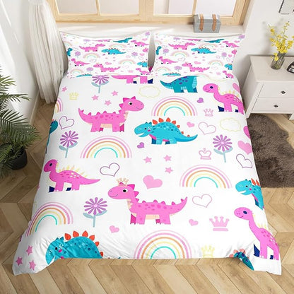 Kawaii Dino Full Size Duvet Cover Set,Cute Rainbow Floral Love Heart Reversible Comforter Cover with 2 Pillowcases,Purple Blue Dinosaur Lovely Animal Breathable Bedding Set (Not Comforter)