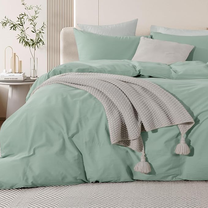 NEXHOME PRO Green Duvet Cover Set Super King 108"x98" Linen Feel Textured Organic Natural 100% Washed Cotton Duvet Cover 3 Pieces Bedding Set with Zipper Closure, Breathable, Soft (No Comforter)