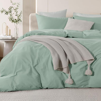 NEXHOME PRO Green Duvet Cover Set Super King 108"x98" Linen Feel Textured Organic Natural 100% Washed Cotton Duvet Cover 3 Pieces Bedding Set with Zipper Closure, Breathable, Soft (No Comforter)