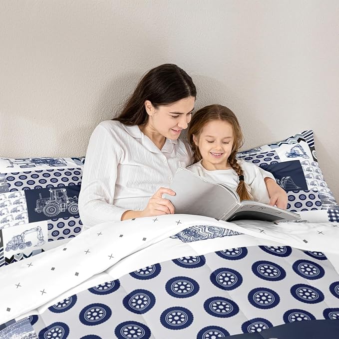 Feelyou Kids Construction Comforter Set King Size Equipment Trucks Bedding Set for Boys Cartoon Car Excavator Tractor Comforter Construction Vehicles Plaid Grid Blue and White Duvet Set
