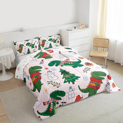 Erosebridal Xmas Dino Comforter Set Full Size Cartoon Dinosaur Bedding Set for Kids Girls BoysSnowman Santa Winter Tree Comforter Merry Christmas Florals Quilt Bedroom Decor