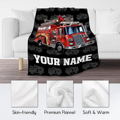 Toddler Blankets for Boys, Personalized Cozy Soft Fire Truck Throw Gifts for Kids, Black Flannel Firefighter Blankets for Couch Sofa, 40x50 Inches