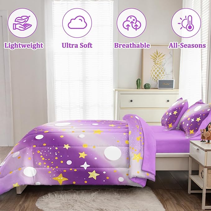 5 Pcs Twin Bedding Sets for Girls, Purple Glitter Rainbow Bed in A Bag Twin Size Bed Set, Stars Galaxy Bedding Comforter Set for Girls