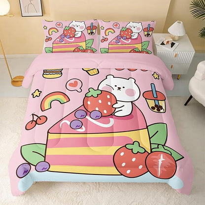 QOOMO Kawaii Bear Comforter King,Pink Bear Comforter Set for Kids Teens Girls,3Pcs Bedding Set Printed Comforter with 2 Pillowcases,Down Alternative,Soft and Lightweight，King Size
