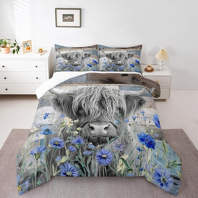 Highland Cow Comforter Set King Size,Colorful Flowers Bedding Set 3pcs for Kids Teens Adults Room Decor,Rustic Farmhouse Barn Wooden Quilt Set Nature Animals Plants Duvet Insert,Blue Grey