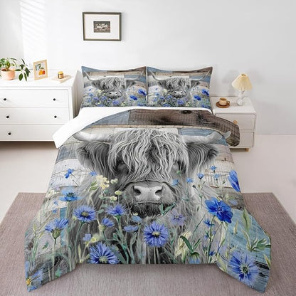 Highland Cow Comforter Set King Size,Colorful Flowers Bedding Set 3pcs for Kids Teens Adults Room Decor,Rustic Farmhouse Barn Wooden Quilt Set Nature Animals Plants Duvet Insert,Blue Grey