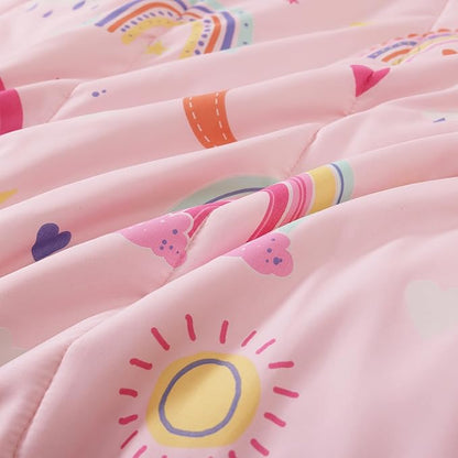 Full Size Comforter Set for Girls-4 Pieces Pink Rainbow Glow in The Dark Full Bedding Sets for Kids, 1 Comforter, 2 Shams and 1 Decor Pillow