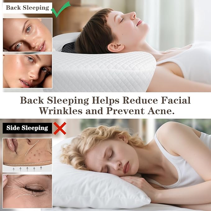 HOMCA Beauty Pillow for Back Sleeper, Memory Foam Back Sleeping Cervical Neck Pillow Reduces Pressure on Skin, Wrinkle Prevention, Ergonomic Design for Neck and Shoulder Pain Relief
