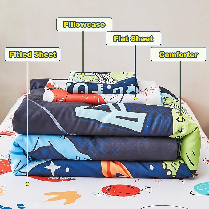 URBONUR 4 PCS Toddler Bedding Set for Boys Space Dinosaur Printed Toddler Comforter Set with Sheets Sets Ultra Soft Bed in a Bag 2-6 Year Old Toddler Bed-in-a-Bag Set