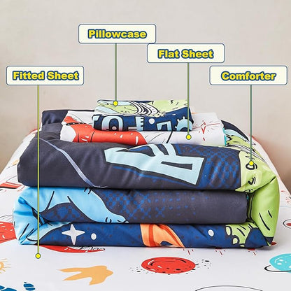 URBONUR 4 PCS Toddler Bedding Set for Boys Space Dinosaur Printed Toddler Comforter Set with Sheets Sets Ultra Soft Bed in a Bag 2-6 Year Old Toddler Bed-in-a-Bag Set